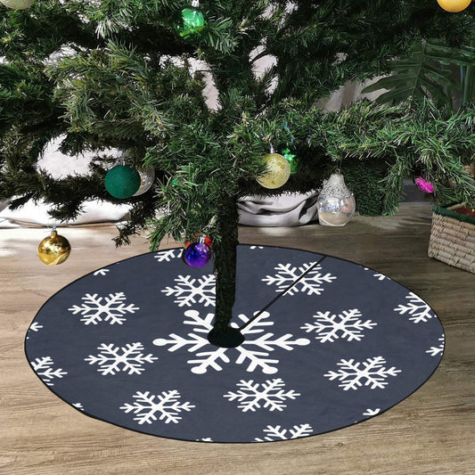 Navy Blue Christmas Tree Skirt, White Snow Flakes Vintage Stand Small Large Base Washable Cover Home Decor Farmhouse Decoration Party