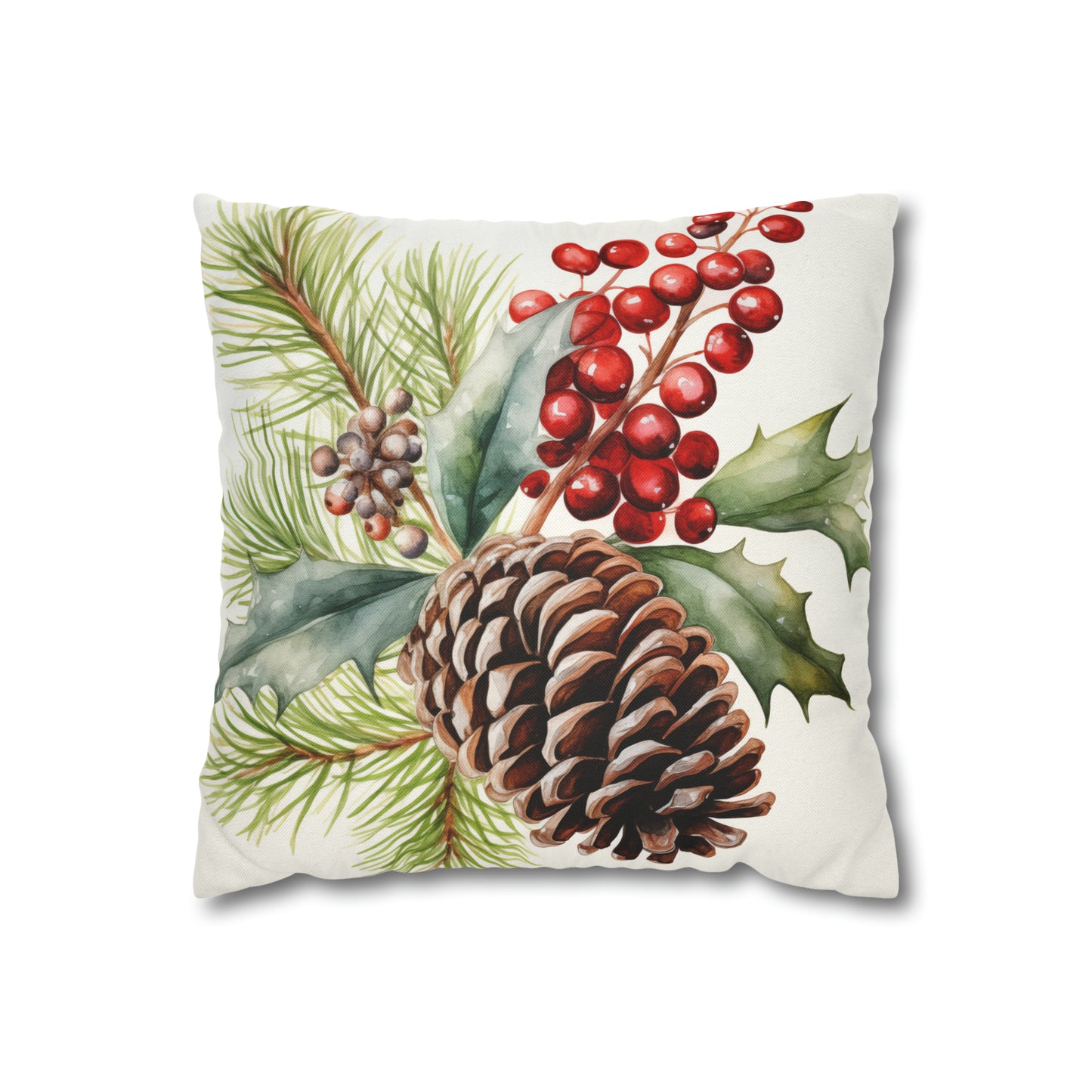 Holiday Pine Cone Pillow Cover, Red Berries Botanical Christmas Xmas Watercolor Square Throw Decorative Cover Cushion 20 x 20 Zipper Sofa