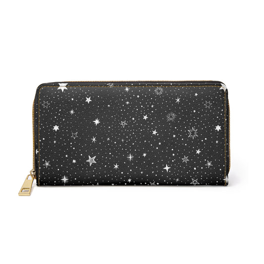 Stars Leather Wallet Women, Space Black Vegan Zipper Zip Around Coins Credit Cards Pocket Cash Ladies Pouch Slim Clutch Purse