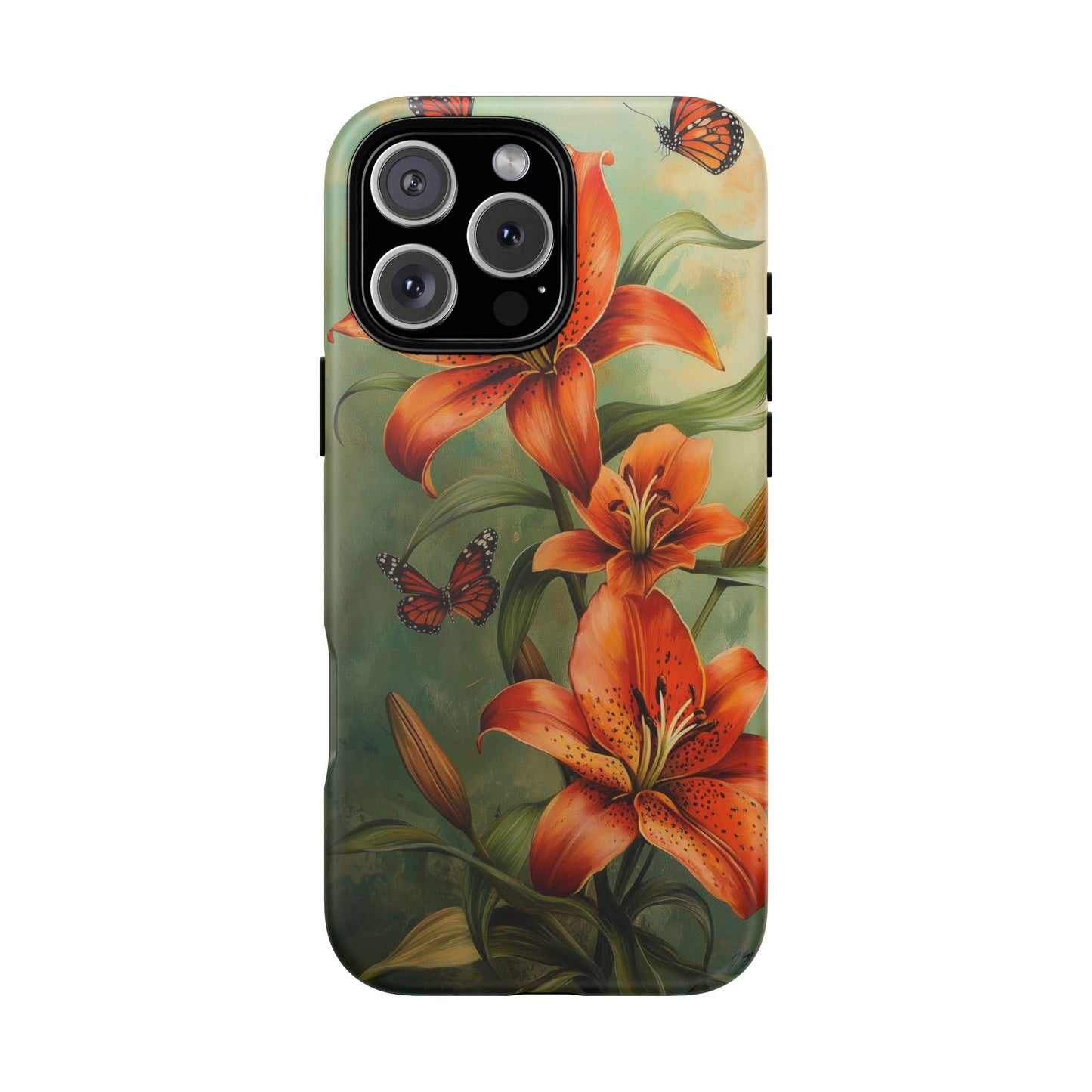 Tiger Lily Tough Phone Case, Flowers Floral Butterfly iPhone 16 15 14 13 Pro Max 12 11 8 Plus X XR XS Galaxy S24 S23 S22 S21 Google Pixel