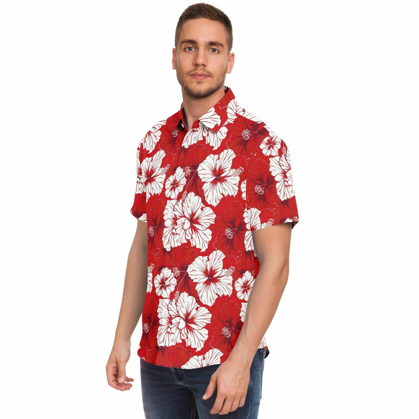 Red and White Floral Men Button Up Shirt, Hibiscus Flowers Short Sleeve Print Casual Buttoned Down Summer Guys Collared Designer Dress Shirt