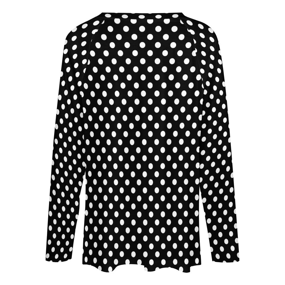 Polka Dots Women Long Sleeve Tshirt loose fit, Black White Vintage Relaxed V-neck Designer Aesthetic Ladies Female Tee Top Shirt