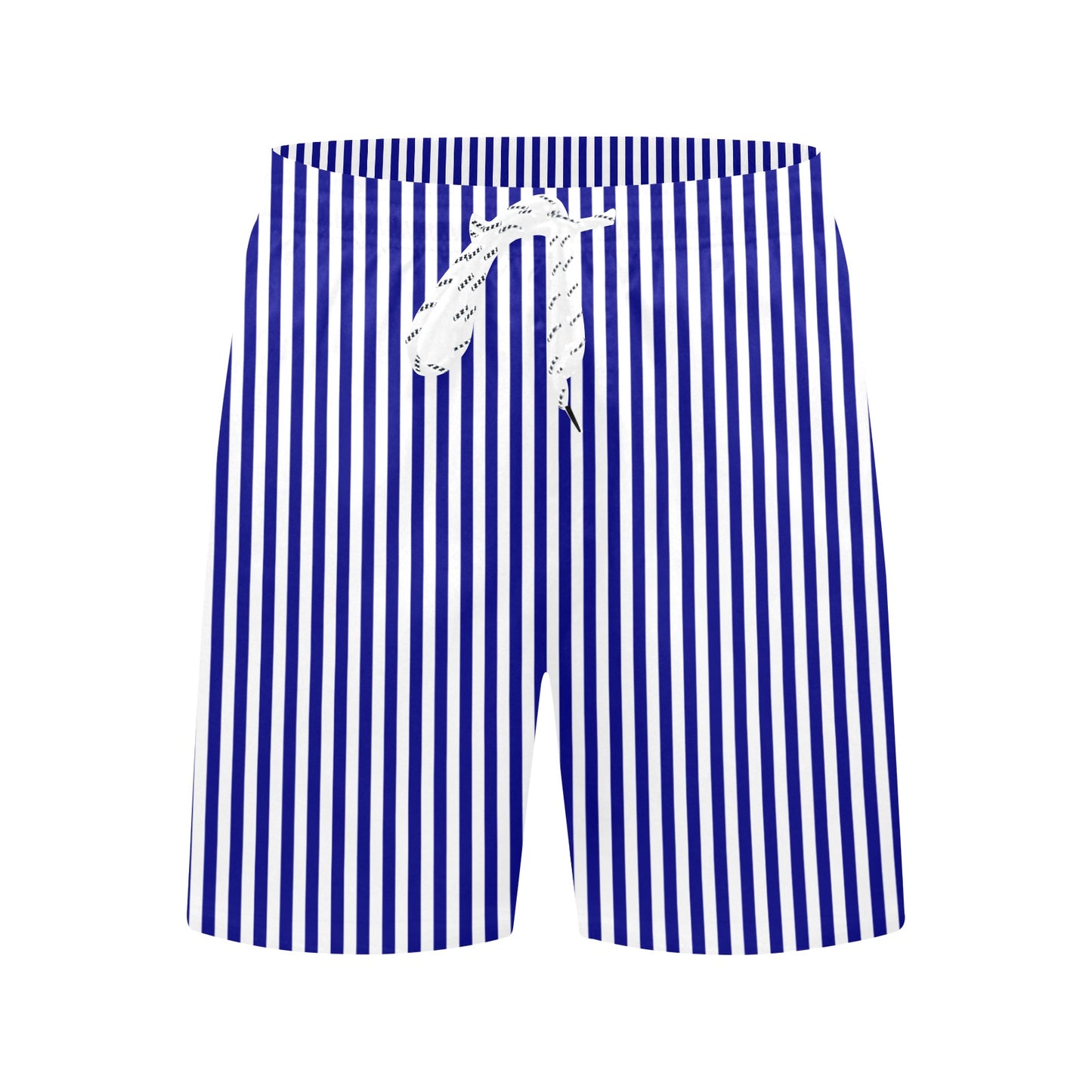 Navy Blue White Striped Men Swim Trunks, Mid Length Shorts Beach Pockets Mesh Lining Drawstring Boys Casual Bathing Suit Plus Size Swimwear