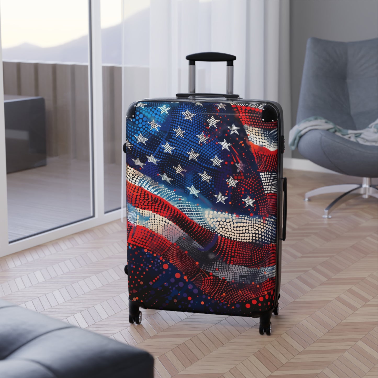 American Flag Suitcase Luggage, USA Art Carry On 4 Wheels Cabin Travel Small Large Set Rolling Spinner Lock Decorative Hard Shell Case