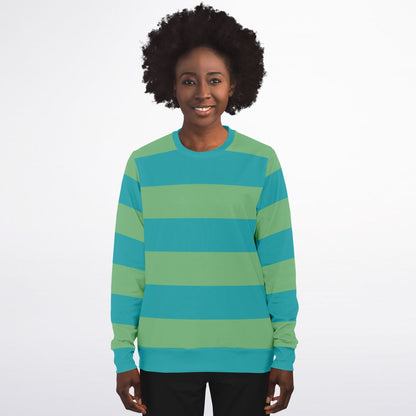 Light Blue Green Striped Sweatshirt, Teal Bold Horizontal Retro Vintage Crewneck Fleece Cotton Sweater Jumper Pullover Men Women Adult Top