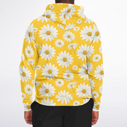 Daisy Yellow Zip Up Hoodie, Floral Flowers Full Zipper Pocket Men Women Unisex Adult Aesthetic Graphic Cotton Fleece Hooded Sweatshirt