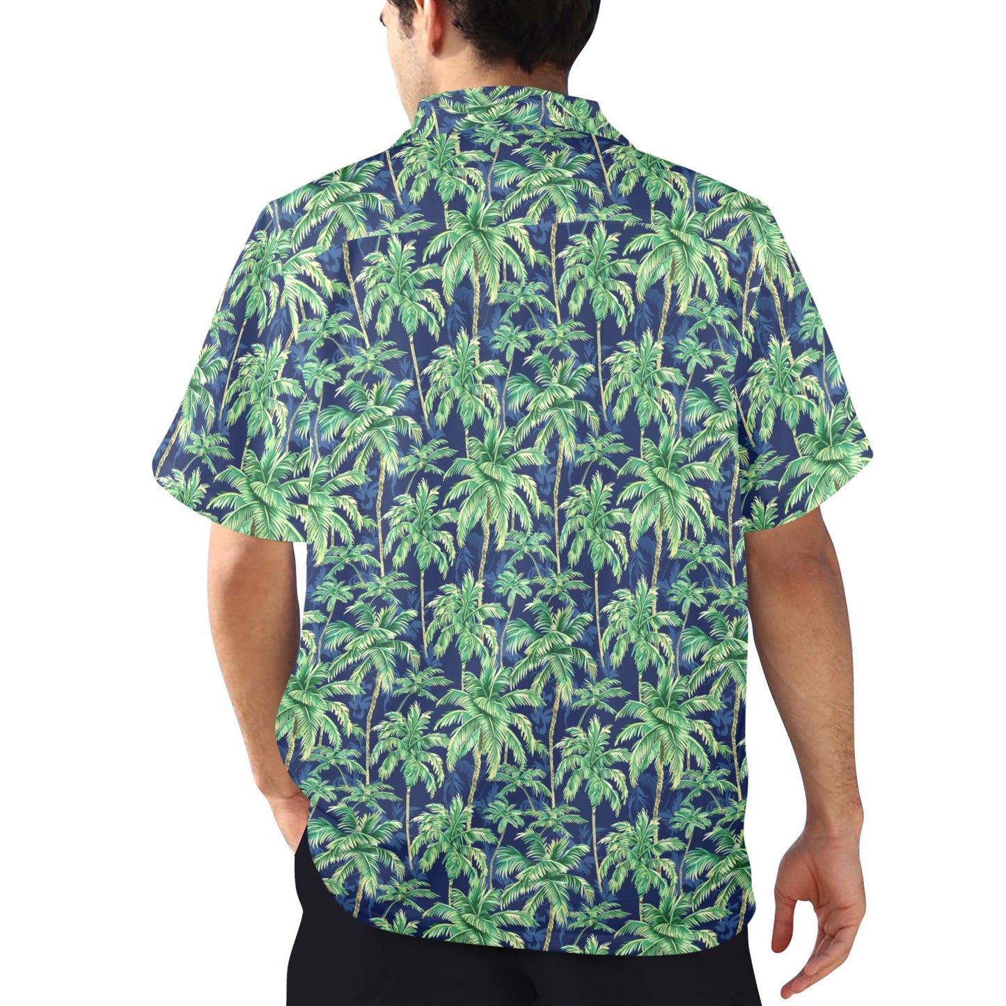 Blue Hawaiian Men Shirt with Palm Trees, Green Beach Print Vintage Aloha Hawaii Retro Summer Tropical Plus Size Pocket Guys Button Down