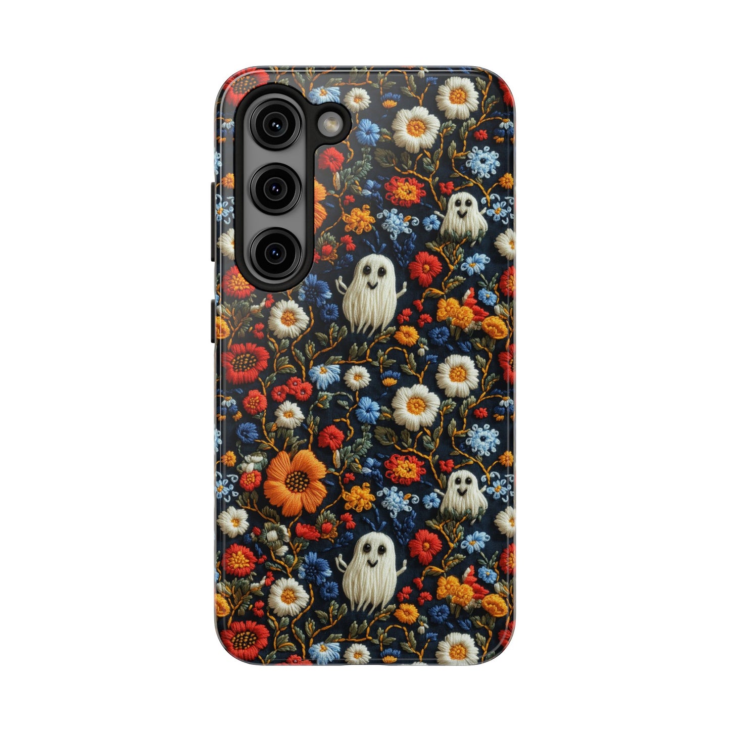 Cute Ghosts Tough Phone Case, Faux Embroidery Floral Halloween iPhone 15 14 13 Pro Max 12 11 8 Plus X XR XS Samsung Galaxy S24 S23 S22 S21