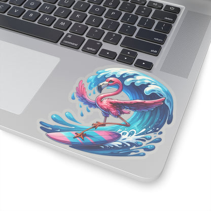 Flamingo Surfing Sticker Decal, Pink Funny Character Water Art Vinyl Laptop Cool Waterbottle Tumbler Car Waterproof Bumper Clear Aesthetic