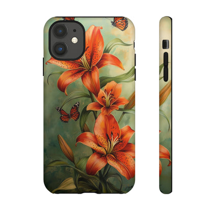 Tiger Lily Tough Phone Case, Flowers Floral Butterfly iPhone 16 15 14 13 Pro Max 12 11 8 Plus X XR XS Galaxy S24 S23 S22 S21 Google Pixel