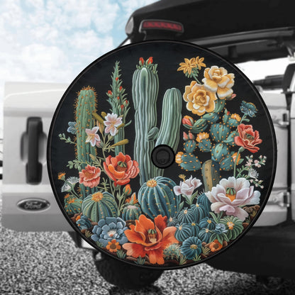 Cactus Floral Spare Tire Cover, Succulent Flowers Faux Embroidery Rear Extra Backup Camera Hole Wheel Unique RV Back Cars RV Trailer Campers