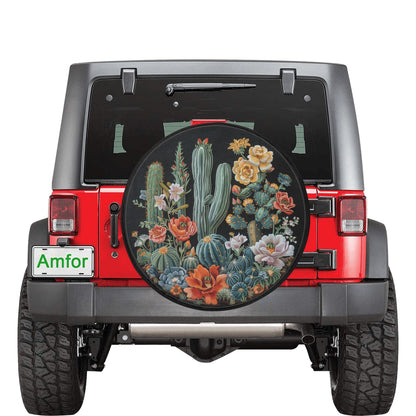 Cactus Floral Spare Tire Cover, Succulent Flowers Faux Embroidery Rear Extra Backup Camera Hole Wheel Unique RV Back Cars RV Trailer Campers