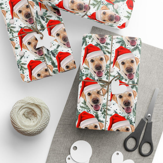 Custom Pet Photo Wrapping Paper, Dog Cat Personalized Santa Hat Christmas Print Packing Holiday Gift Wrap Vintage Xmas Present Wrapper Roll