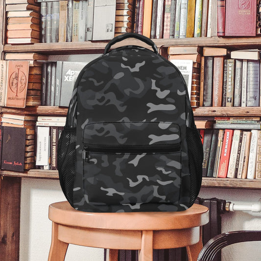 Black Camo Backpack, Camouflage Grey Gray Men Women Kids Gift School College Cool Waterproof Side Pockets Laptop Designer Aesthetic Bag