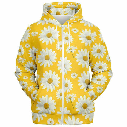 Daisy Yellow Zip Up Hoodie, Floral Flowers Full Zipper Pocket Men Women Unisex Adult Aesthetic Graphic Cotton Fleece Hooded Sweatshirt