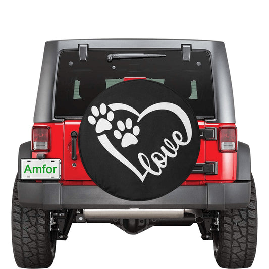 Dog Paw Heart Spare Tire Cover, Animal Pet Love Cool Backup Camera Hole Rear Extra Wheel Unique RV Back Cars Men Women Trailer Campers