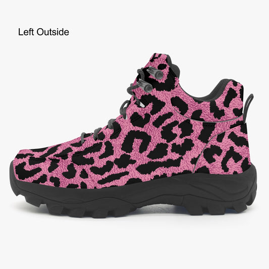 Pink Leopard Hiking Leather Boots, Animal Cheetah Print Men Women Lace Up Walking Hunting Rubber Shoes Print Ankle Winter Casual Work