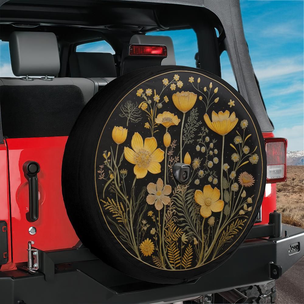 Yellow Flowers Spare Tire Cover, Faux Embroidery Printed Floral Wheel Accessories Unique Design Backup Camera Hole Trailer Back Women RV