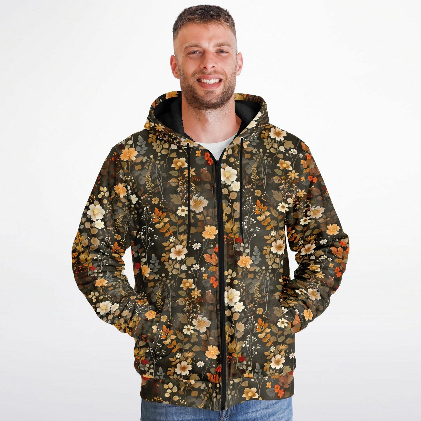 Floral Zip Up Fleece Lined Hoodie, Flowers Brown Heavyweight Full Zipper Pocket Men Women Ladies Unisex Aesthetic Hooded Sweatshirt Jacket