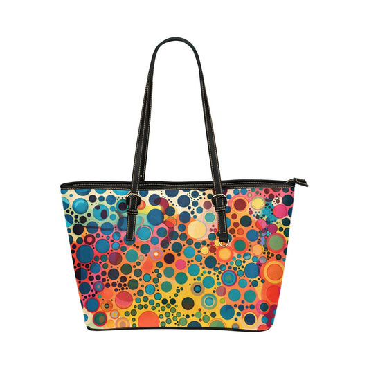 Vintage 70s Purse Leather Tote Bag, Groovy Retro Dots Art Colorful Vegan Shoulder Hand bag Zip on Top Designer Small Large Work Women Ladies