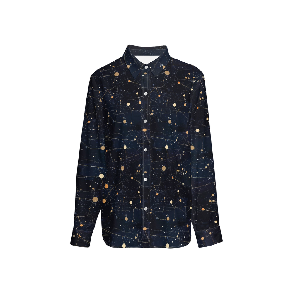 Constellation Space Long Sleeve Shirt Women, Galaxy Ladies Button Up Ladies Blouse Print Buttoned Down Collared Casual Dress Going Out Top