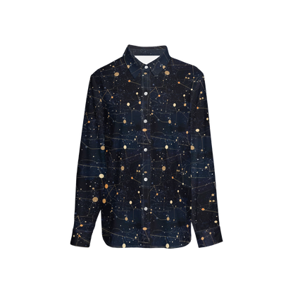 Constellation Space Long Sleeve Shirt Women, Galaxy Ladies Button Up Ladies Blouse Print Buttoned Down Collared Casual Dress Going Out Top