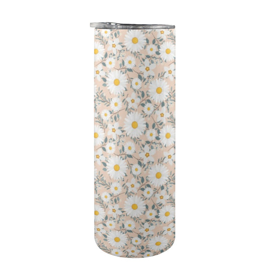 Daisy Floral Tumbler 20oz Lid Straw, Flowers Pink Vintage Stainless Steel Metal Travel Mug Insulated Cup Flask Coffee Traveler Custom Women