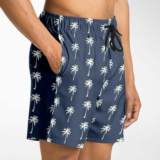 Palm Trees Men Shorts, Navy Blue Beach Male Casual with Pockets 7 Inch Inseam Drawstring Casual Designer Cool Summer