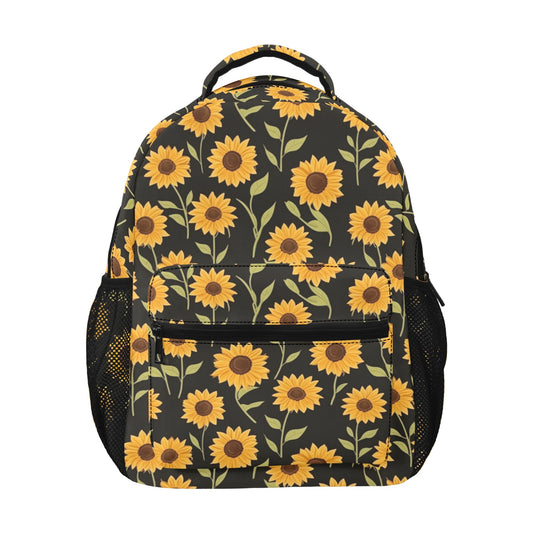 Sunflower Backpack, Yellow Black Floral Flowers Men Women Kids Gift School College Waterproof Side Pockets Laptop Designer Aesthetic Bag
