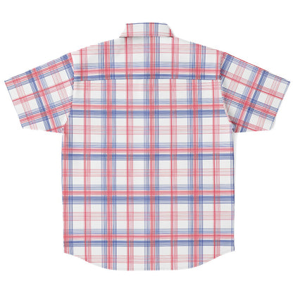 Red White Blue Men Button Up Shirt, Check Plaid Tartan Short Sleeve Print Casual Buttoned Down Summer Male Guys Collared Designer Dress