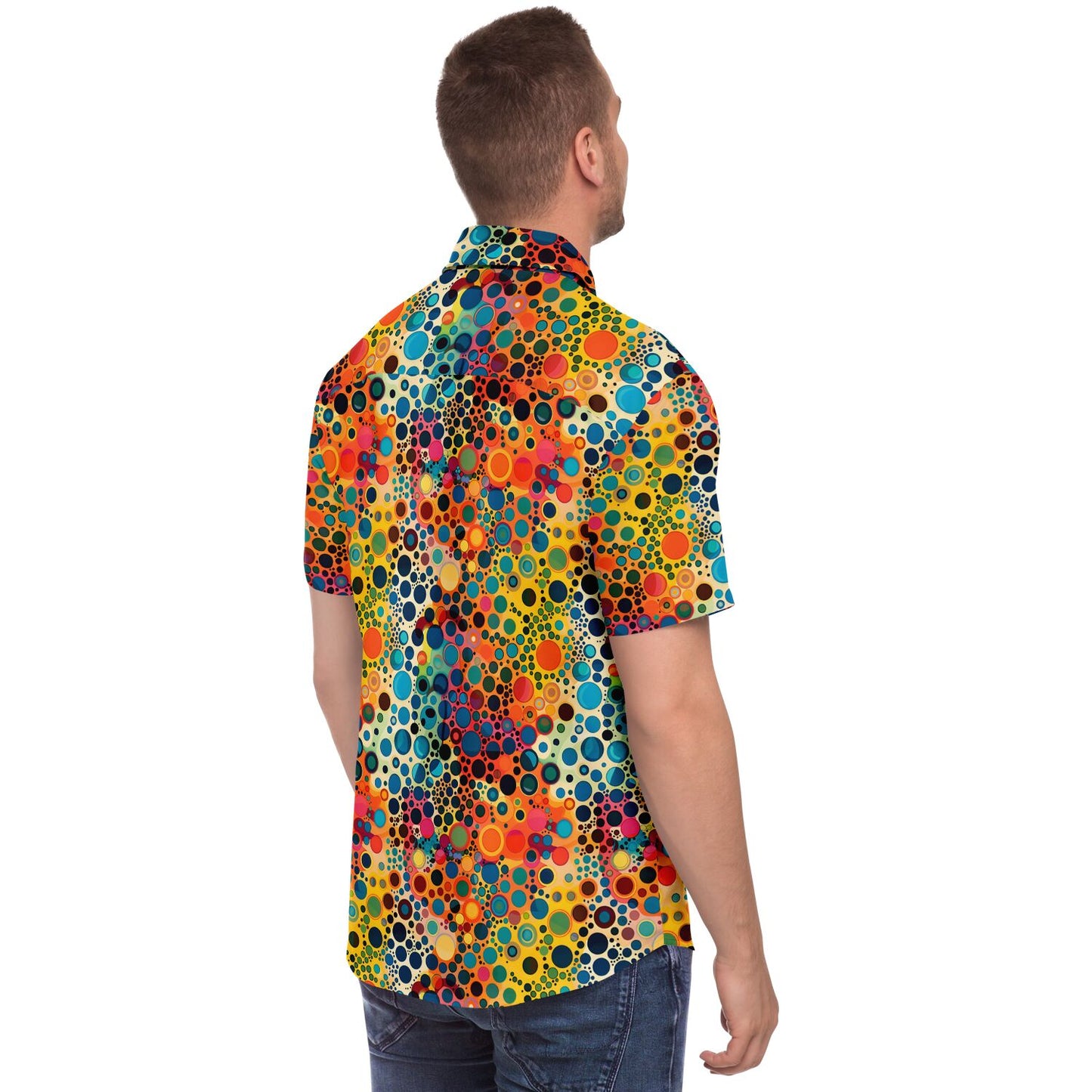 Psychedelic Men Button Up Shirt, Funky Groovy Retro Vibrant Dot Art Vintage Short Sleeve Festival Print Buttoned Down Guys Collared Designer