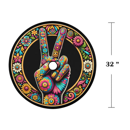 Peace Hand Sign Spare Tire Cover, 70s Flower Floral Power Hippie Black Wheel Auto Back Up Camera Hole Unique Design Women Spare RV Trailer