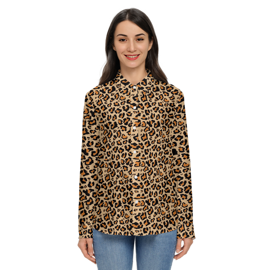 Leopard Long Sleeve Shirt Women, Animal Print Cheetah Brown Button Up Ladies Blouse Print Buttoned Down Collared Casual Dress Going Out Top