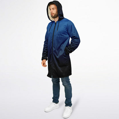 Black Blue Ombre Hooded Fleece Cloak Zipper Jacket, Tie Dye Coat Men Women Male Ladies Winter Warm Mink Hooded Blanket Festival Cape Pockets