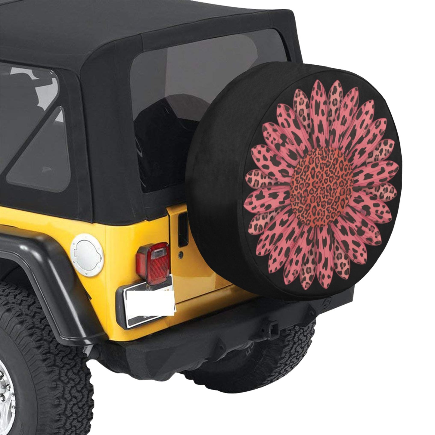 Pink Leopard Sunflower Car Spare Tire Cover, Cheetah Back Rear Extra Wheel Floral Flowers Black Camera Hole Unique Women  RV Camper Auto