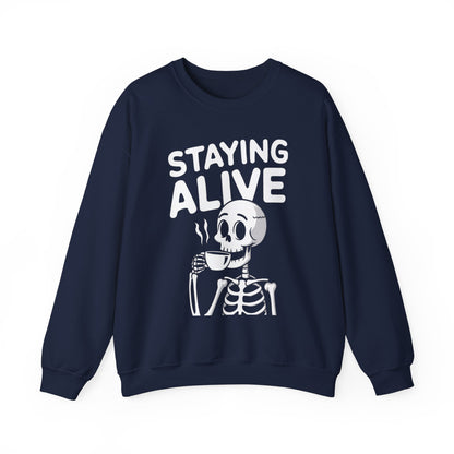 Staying Alive Coffee Sweatshirt, Skeleton Halloween Funny Graphic Crewneck Fleece Cotton Sweater Jumper Pullover Men Women Adult Top