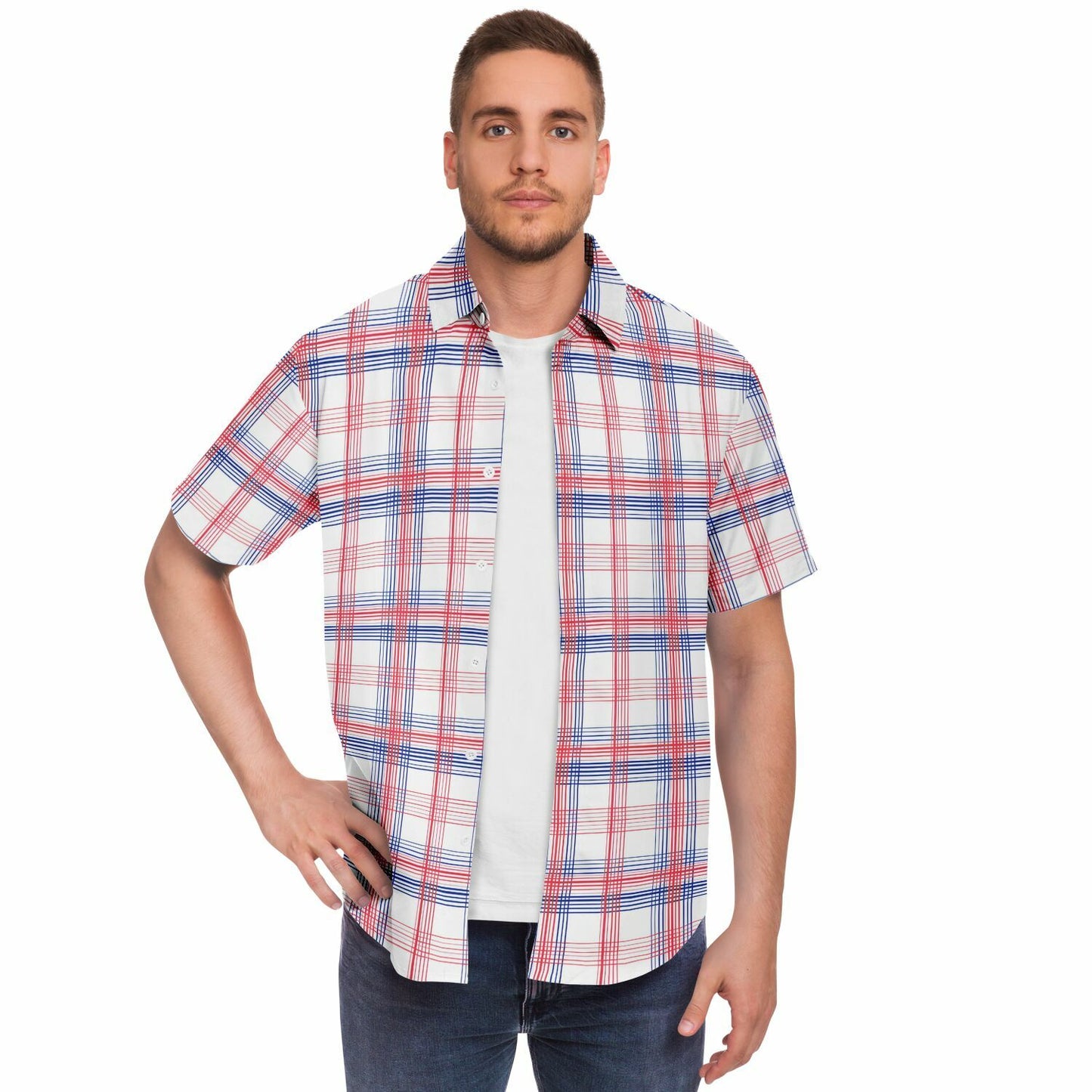 Red White Blue Men Button Up Shirt, Check Plaid Tartan Short Sleeve Print Casual Buttoned Down Summer Male Guys Collared Designer Dress