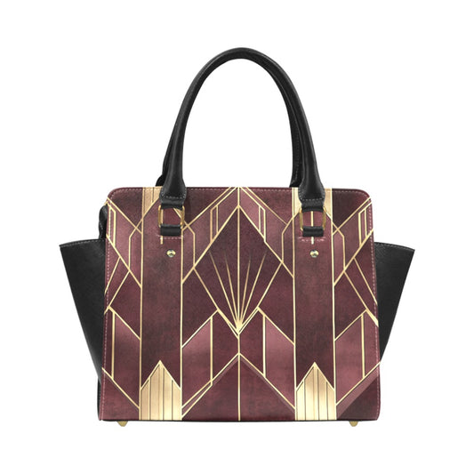 Burgundy Art Deco Purse Handbag, Maroon Print Gold Cute Vegan Leather Designer Women Ladies Female Tote Top Zip Handle Bag Shoulder Strap