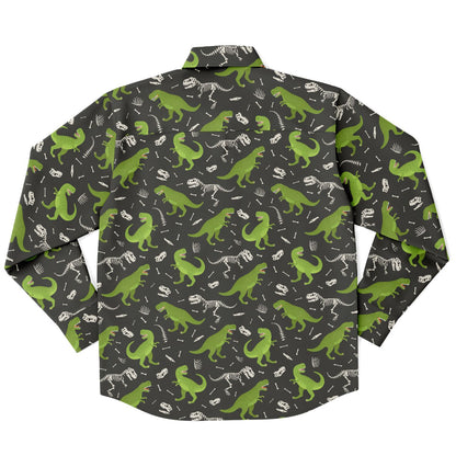 Dinosaur Long Sleeve Men Button Up Shirt, Skeleton Dino Green Guys Male Print Buttoned Down Collared Funny Graphic Casual Dress Shirt