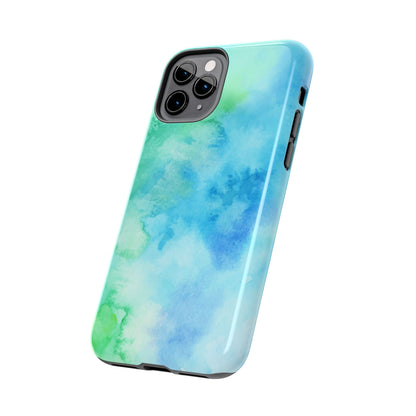 Blue Green Watercolor Tough Phone Case, Tie Dye Colorful Print Cute Cell Iphone 15 14 13 Pro Max 12 11 XS XR X 7 SE 8 Galaxy S24 S23 S22