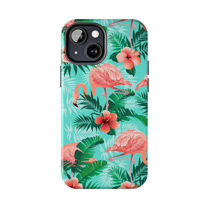 Pink Flamingo iPhone 15 14 13 12 11 Pro Max Tough Case, Green Tropical Monstera Print Cute Gift XS XR X 7 Plus 8 Cell Phone Galaxy