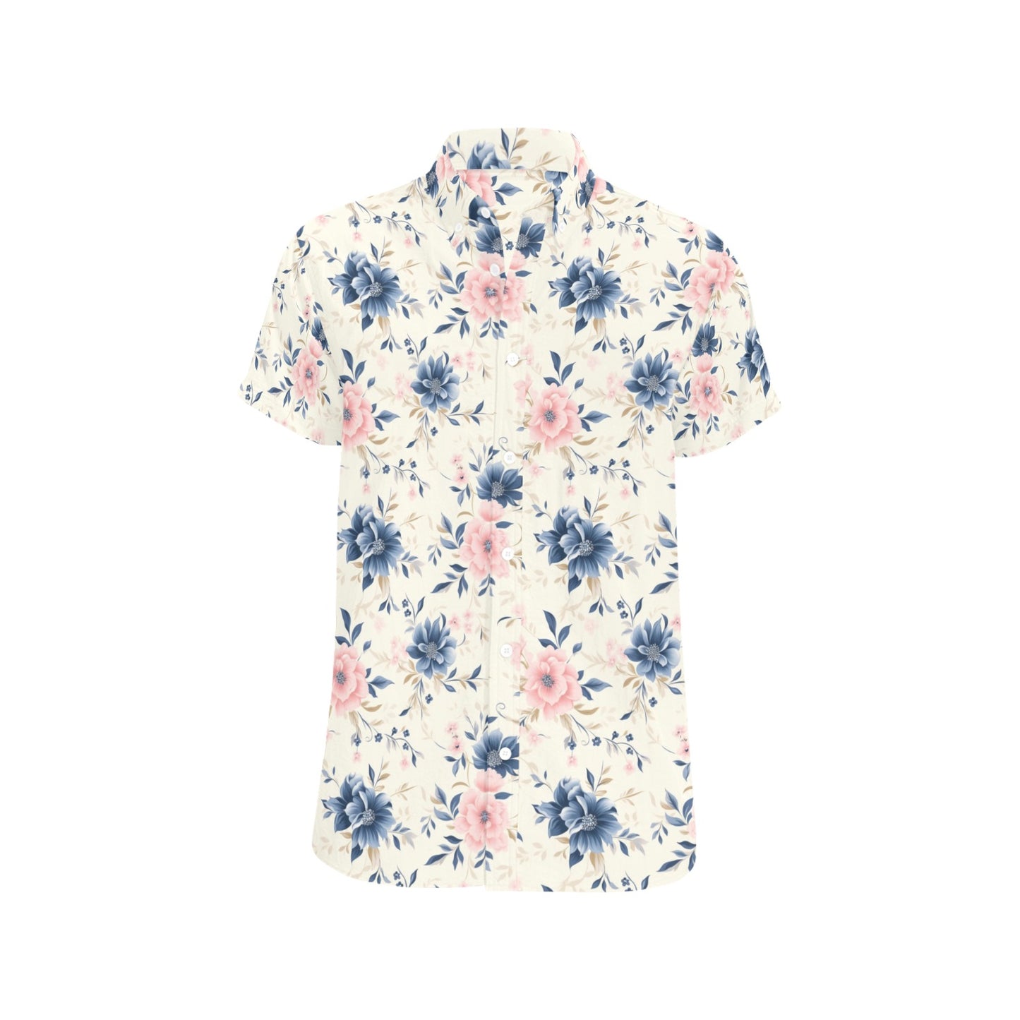 Pink Blue Floral Short Sleeve Men Button Down Shirt, White Flowers Print Casual Buttoned Summer Dress Collared Male Guys Plus Size