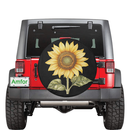 Sunflower Car Spare Tire Cover, Back Rear Extra Wheel Watercolor Floral Yellow Flowers Black Auto Camera Hole Unique Design Women RV Camper