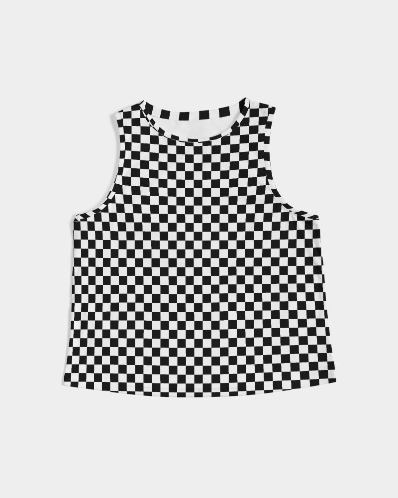 Black White Checkered Women Crop Tank Top, Racing Checks Y2k 90s Festival Cropped Yoga Workout Sexy Summer Sleeveless Designer Female Shirt