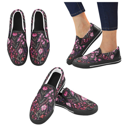 Pink Floral Women Slip On Shoes, Flowers Canvas Festival Sneakers Black Low Top Casual Ladies Aesthetic Designer Flat Slide On Comfortable