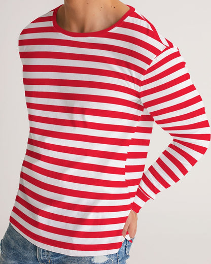 Red And White Striped Men Long Sleeve Tshirt, Thin Horizontal Stripes Unisex Women Designer Guys Graphic Printed Crew Neck Tee Shirt