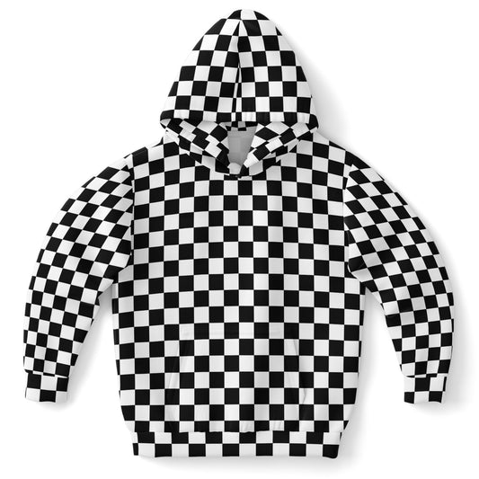 Checkered Kids Pullover Hoodie, Black White Check Girls Boy Toddler Youth Children Fleece Graphic Cozy Cotton Hooded Sweatshirt Pockets