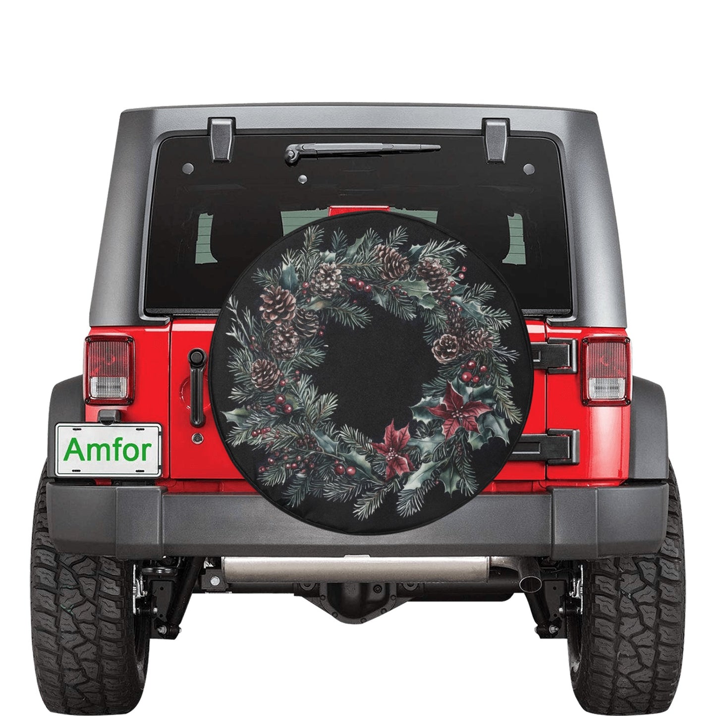 Christmas Wreath Spare Rear Tire Cover, Vintage Xmas Black Rear Extra Wheel Auto Back Up Camera Hole Unique Design Men Women Back RV Trailer