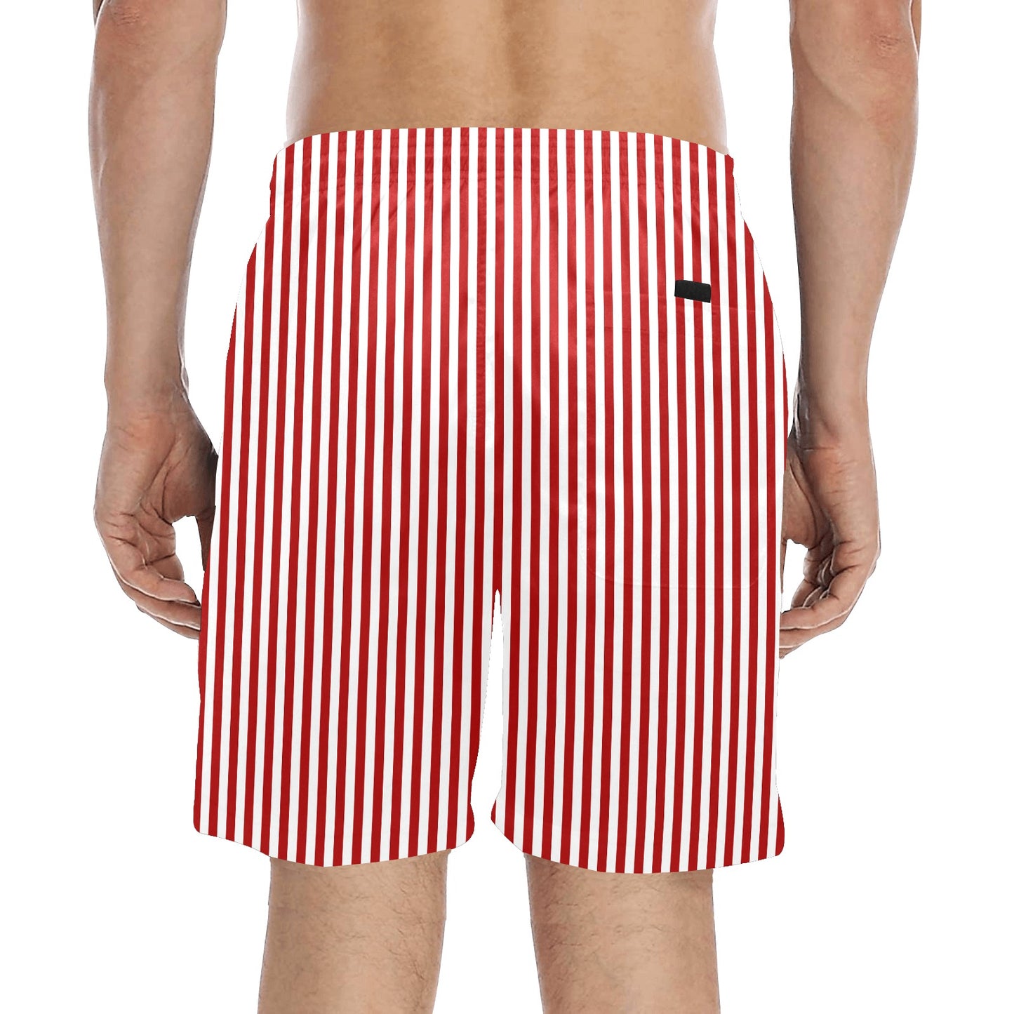 Red White Striped Men Swim Trunks, Mid Length Shorts Beach Pockets Mesh Lining Drawstring Boys Casual Bathing Suit Plus Size Swimwear