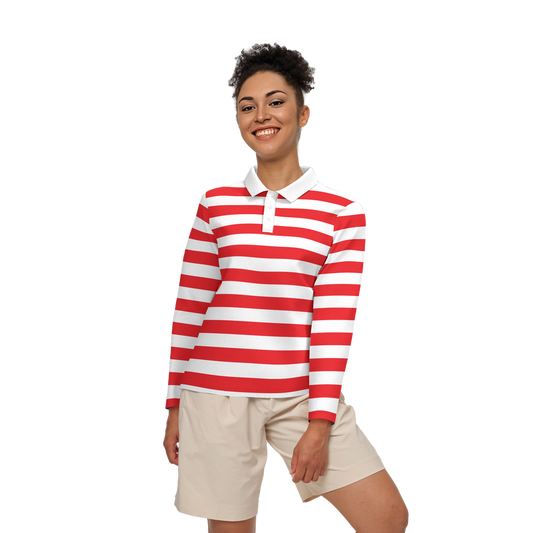 Red and White Striped Women Polo Shirt, Stripe Slim Fit Long Sleeve Collared Casual Summer Buttoned Down Up Sports Golf Tee Top